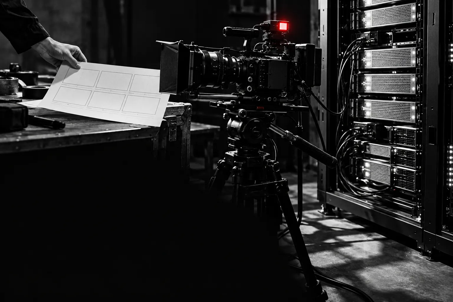 Conceptual illustration of a cinema camera, storyboard and server rack with a red tally light.