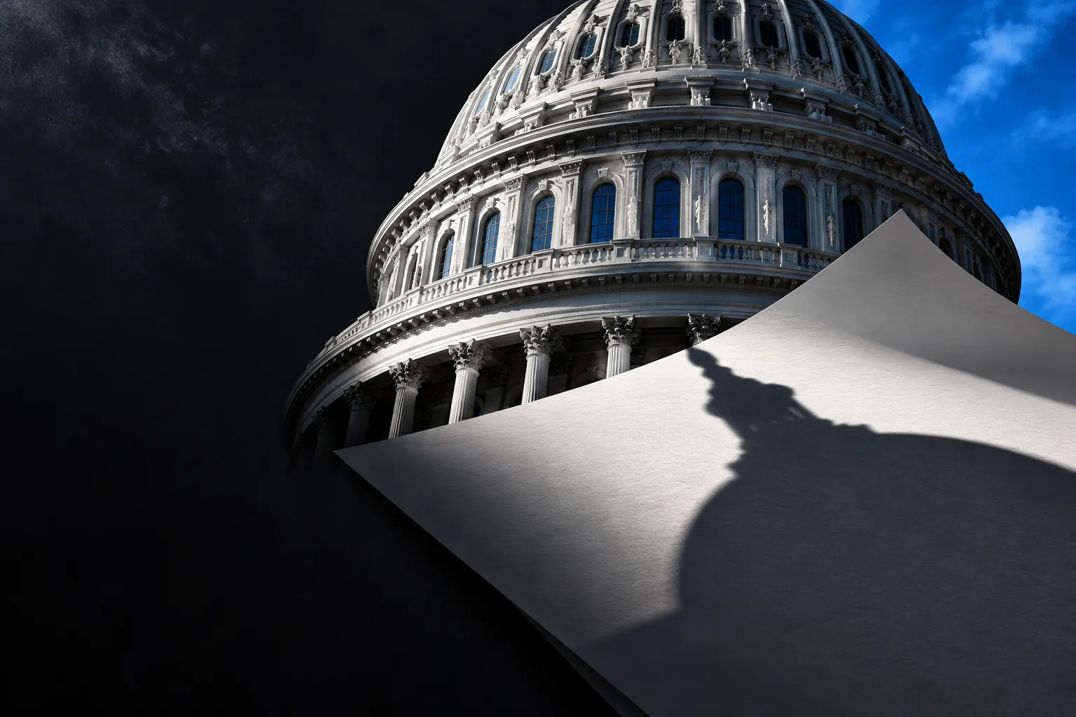 Conceptual illustration of the Capitol dome and a blank legal sheet, in black, white and blue.