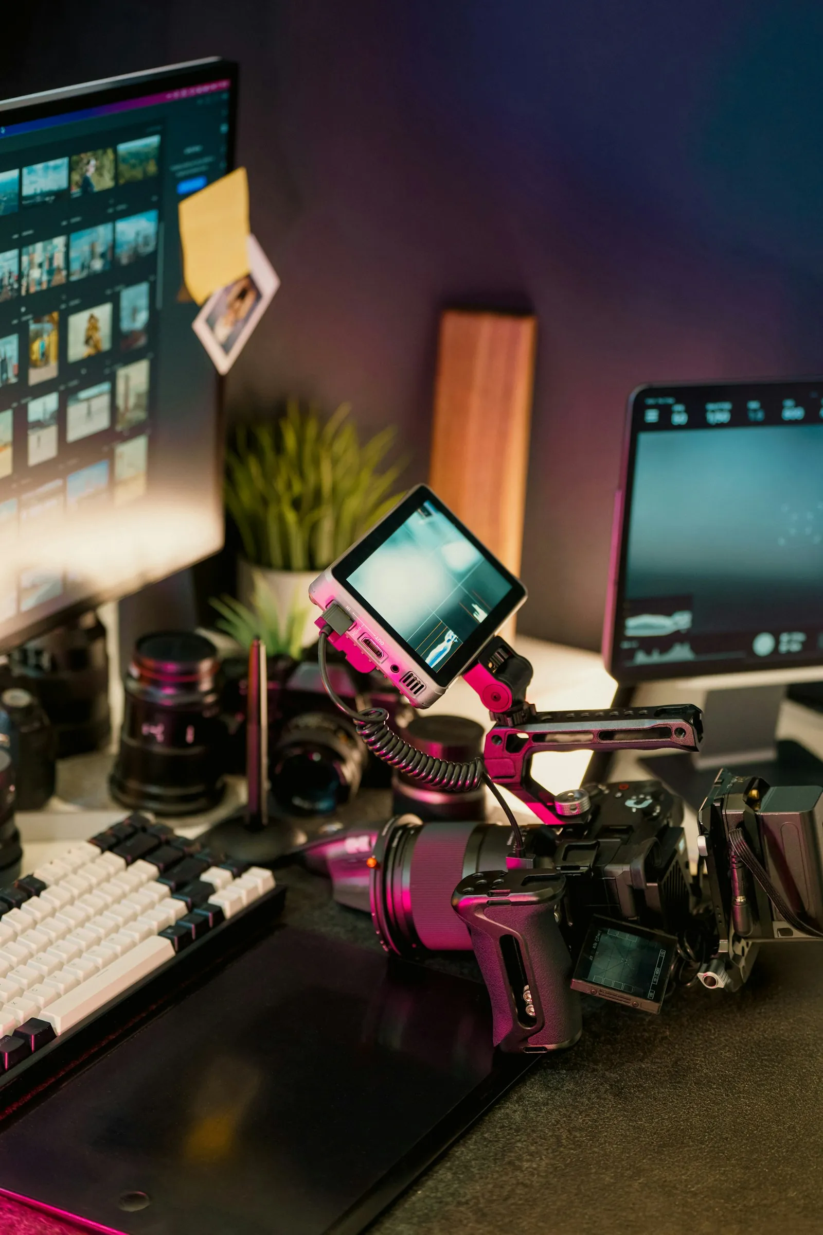 Professional video camera and lens kit on an editing desk under teal and magenta light.
